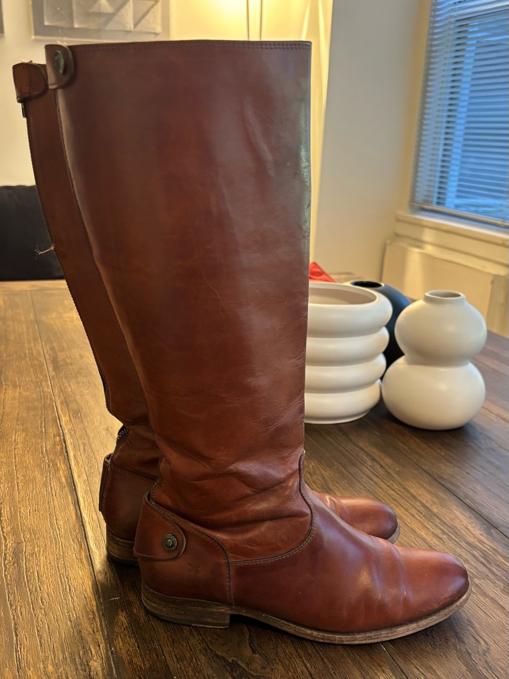 Frye Melissa Button Back Zip Tall Cognac Brown Leather
Riding Boots Womens
